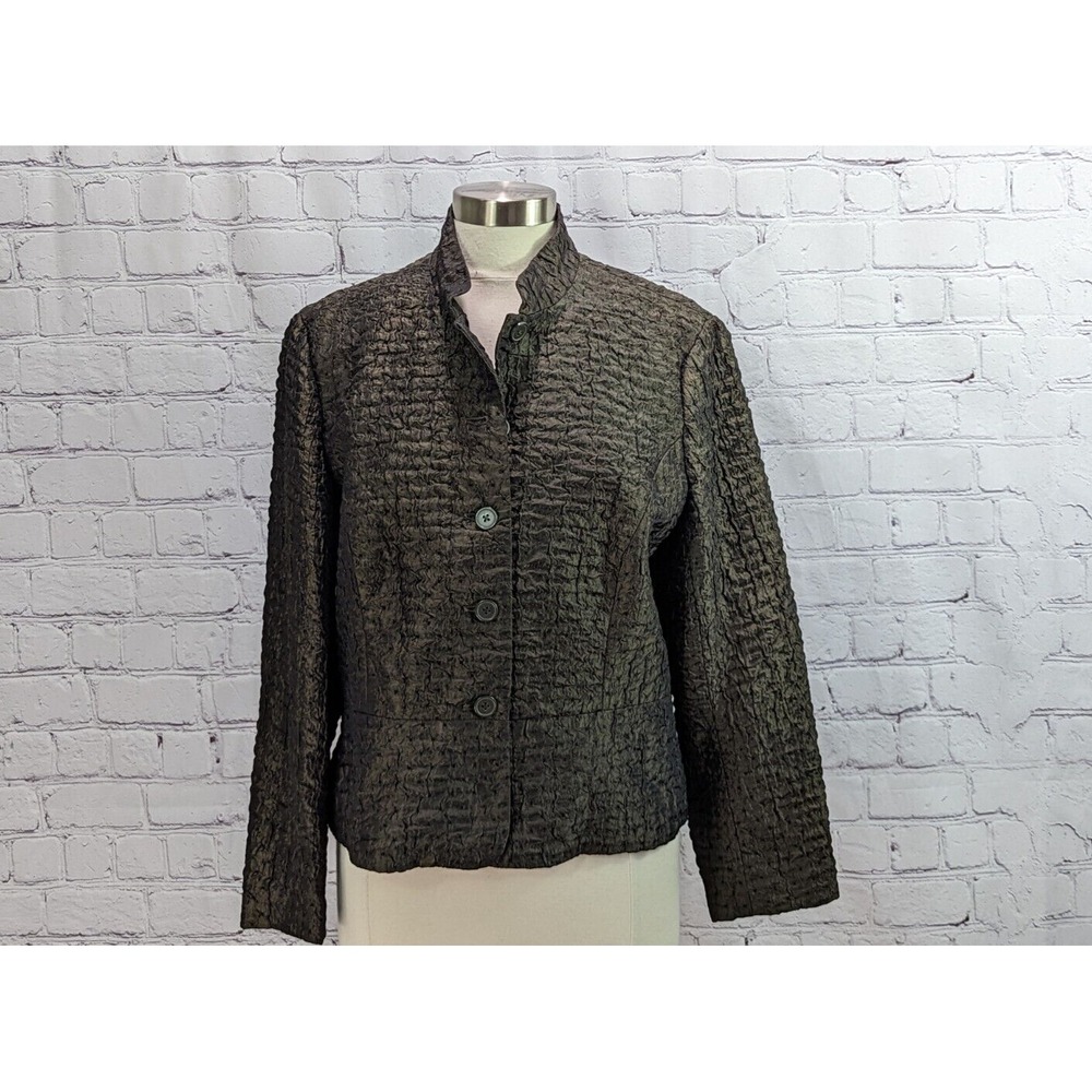 Coldwater Creek Jacket Women PL Green Crinkle Satin Mandarin Collar Button Front